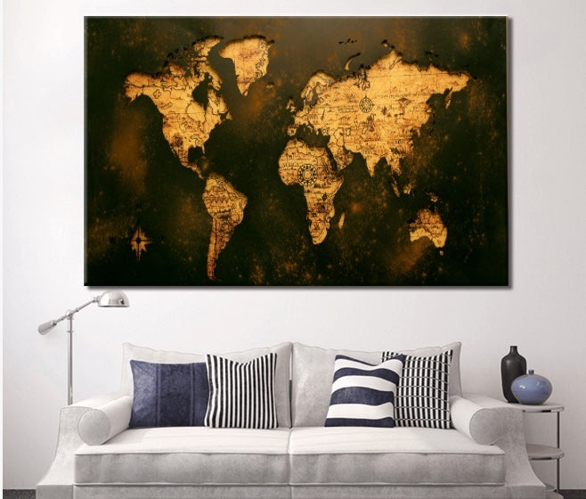 World Map Wall Art | World Map Canvas | Black and Gold Map