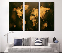 Load image into Gallery viewer, World Map Wall Art | World Map Canvas | Black and Gold Map