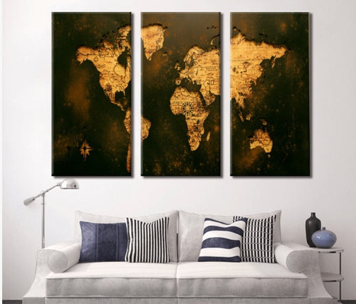 World Map Wall Art | World Map Canvas | Black and Gold Map