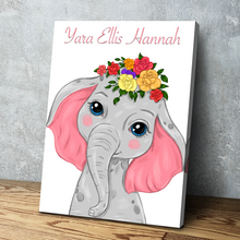 Load image into Gallery viewer, Personalized Name Safari Animals Baby Girl Nursery Wall Art Nursery Canvas Wall Art Decor Pink Floral Elephant Decor Prints
