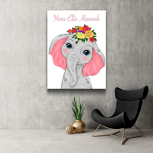 Personalized Name Safari Animals Baby Girl Nursery Wall Art Nursery Canvas Wall Art Decor Pink Floral Elephant Decor Prints